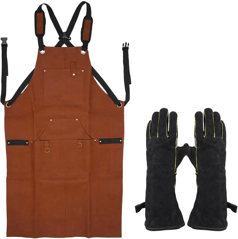 migbloom Store Leather Welding Apron with 10 Tool Pockets, Heat and Flame Resistant Aprons with Welding Gloves, Heavy Duty Durable Working Shop Apron, Waterproof, Adjustable M to XXXL - Image 1